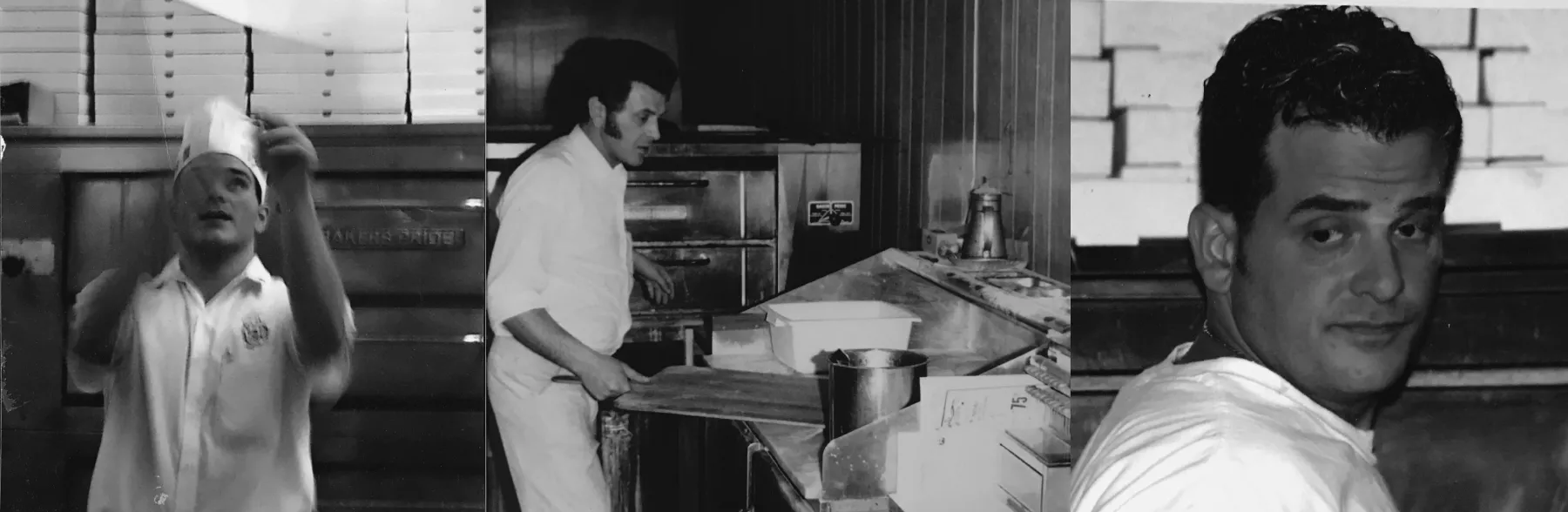 Three black-and-white photos from the early years: a cook tossing dough, a cook at the oven, and a young man in kitchen whites